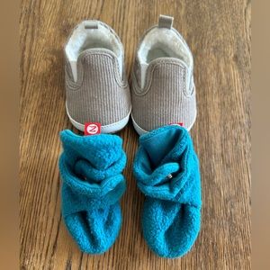 2 Pairs Baby Shoes: Fleece Booties and Lined Slip Ons size 0 - 3 months